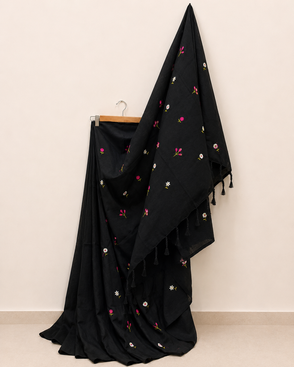 Black Khadi Saree with Floral Embroidery