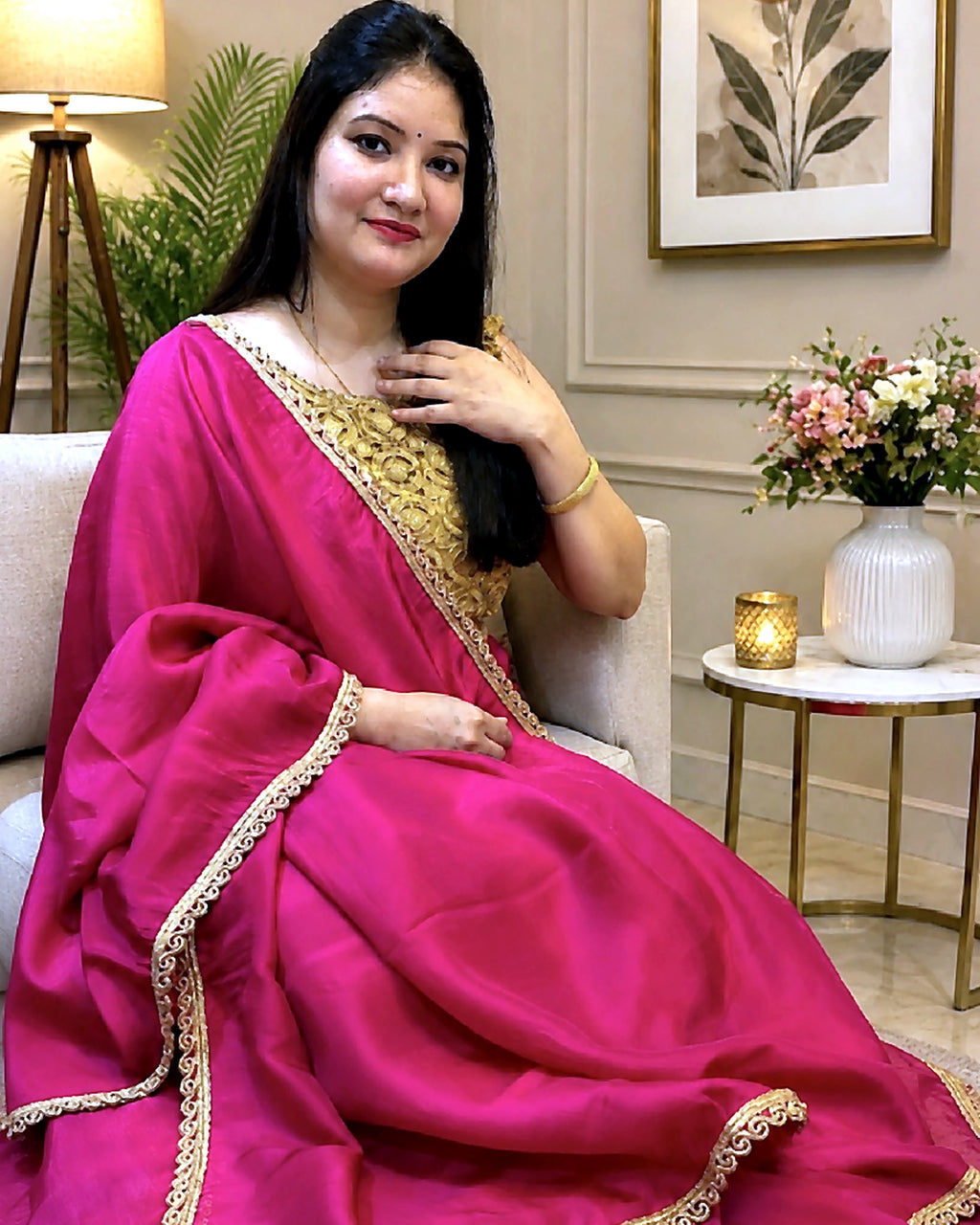 Magenta Saree with Golden Designer Lace
