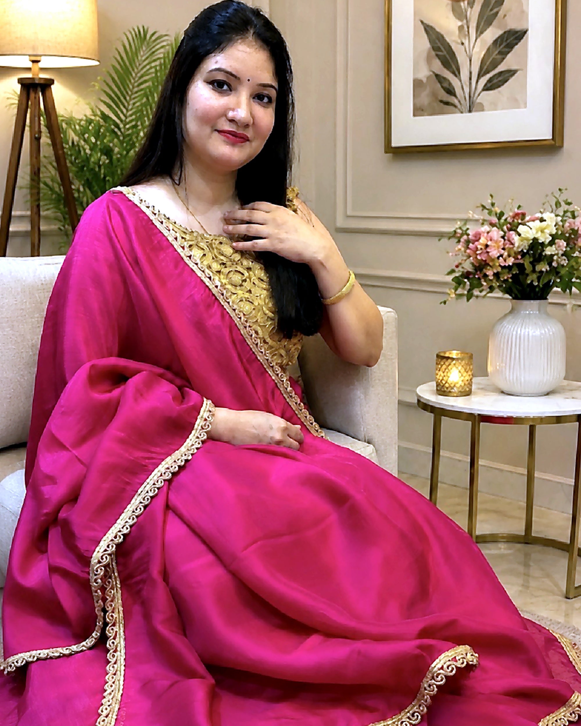 Magenta Saree with Golden Designer Lace