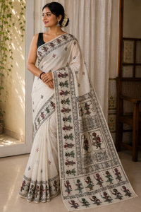 Ivory Tussar Silk Saree with Folk Art Motifs