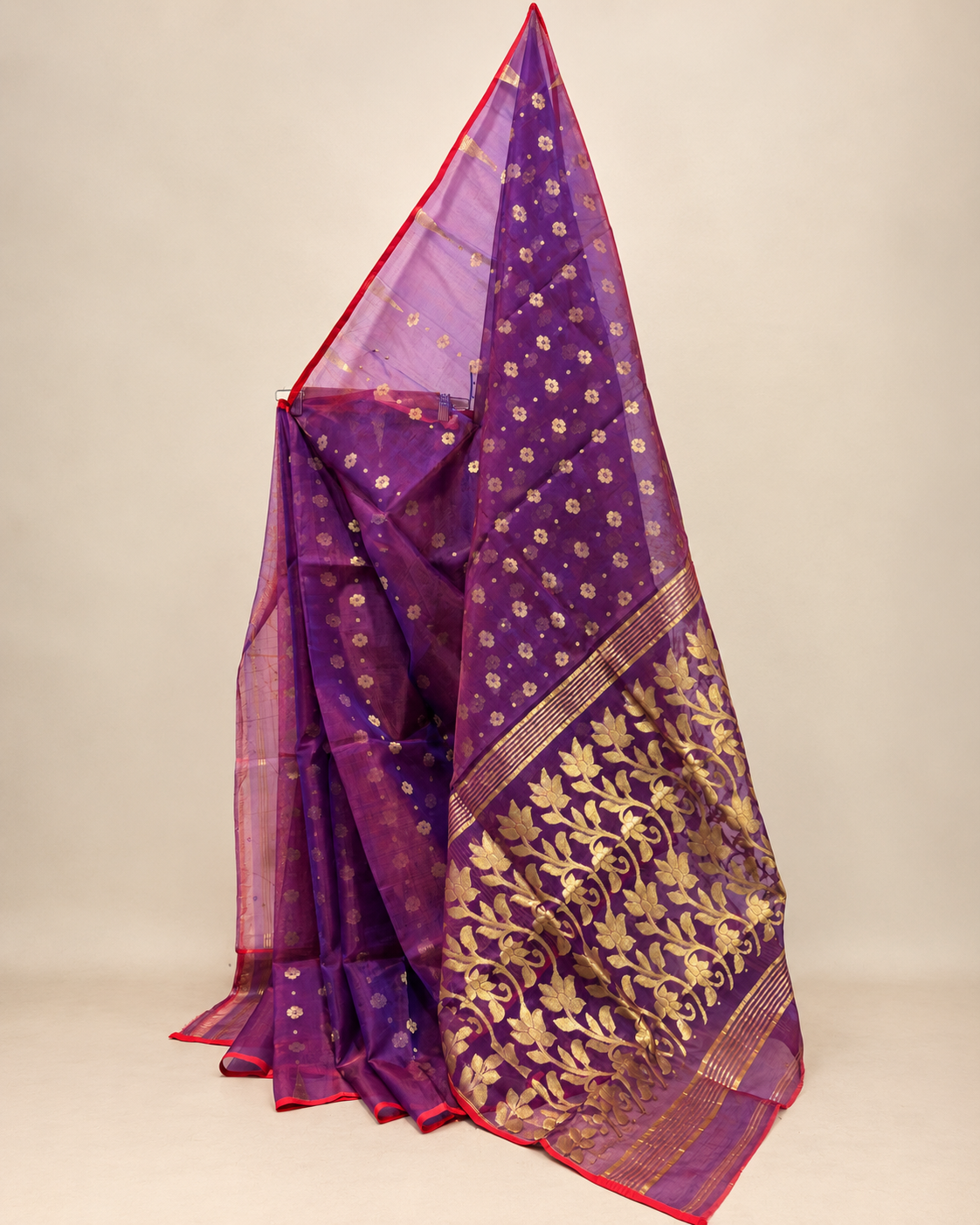 Purple Muslin Saree with Golden Zari Work