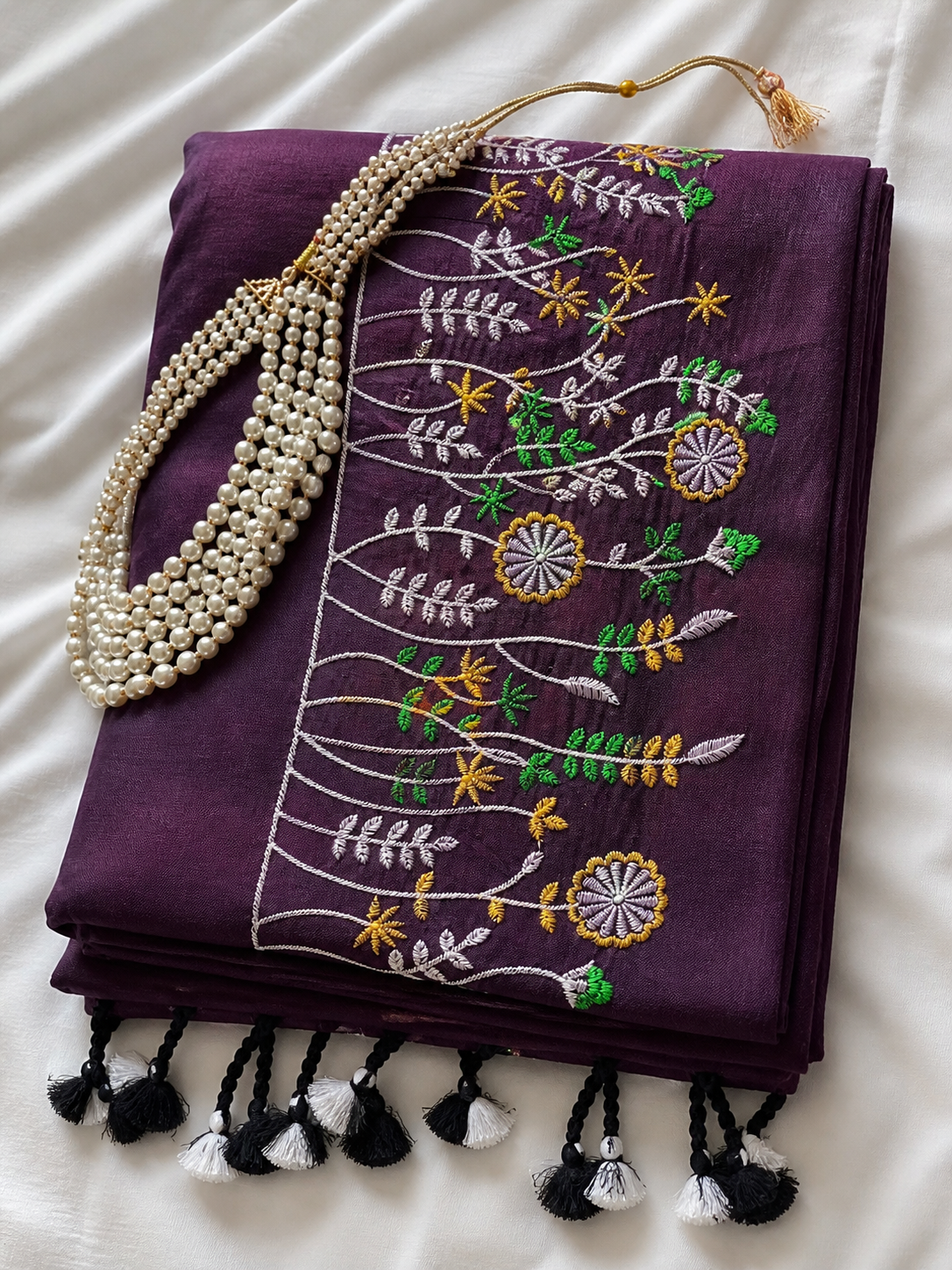 Wine Khadi Saree with Floral Embroidery