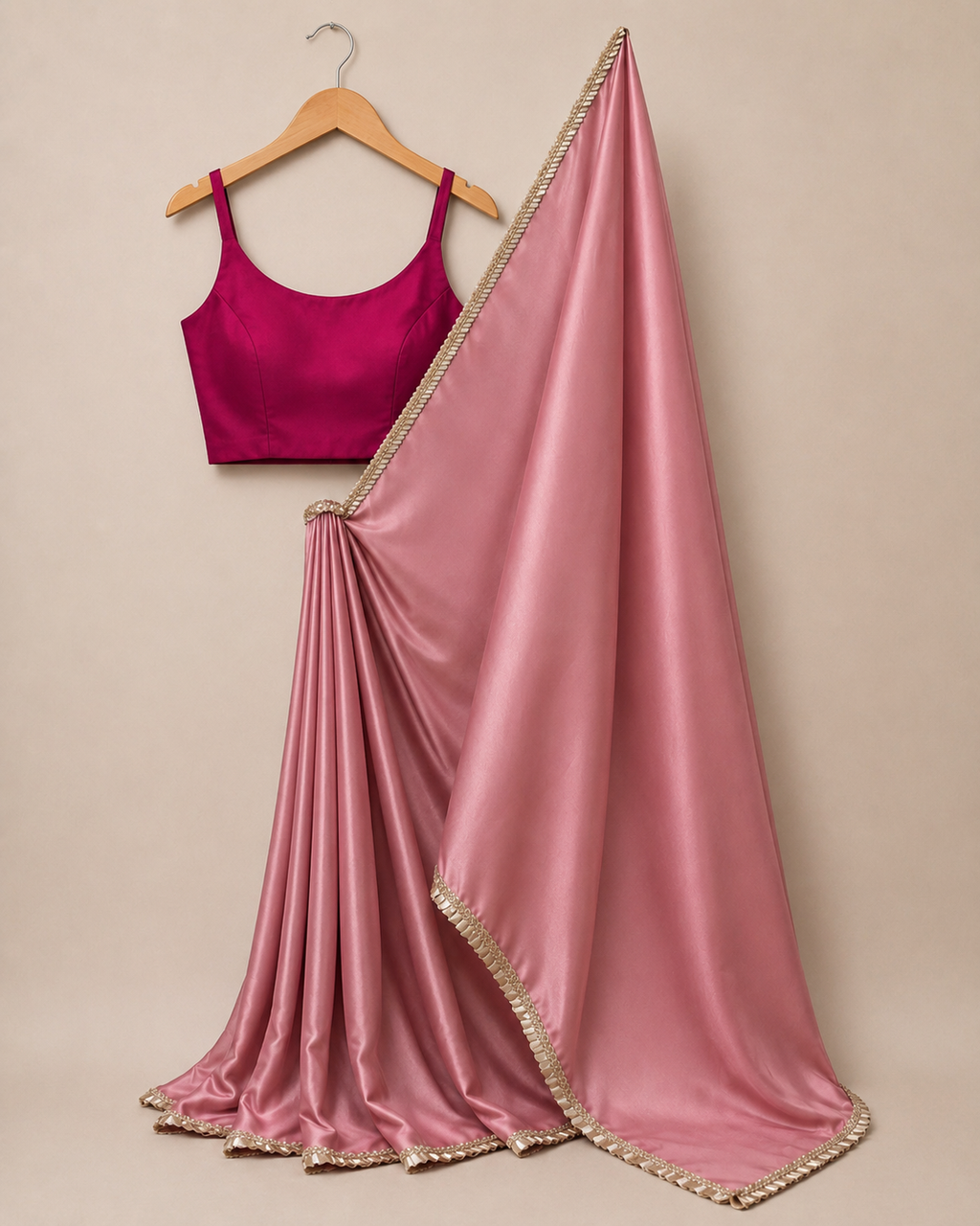 Dusty Rose Satin Saree with Pleated Rose Gold Lace