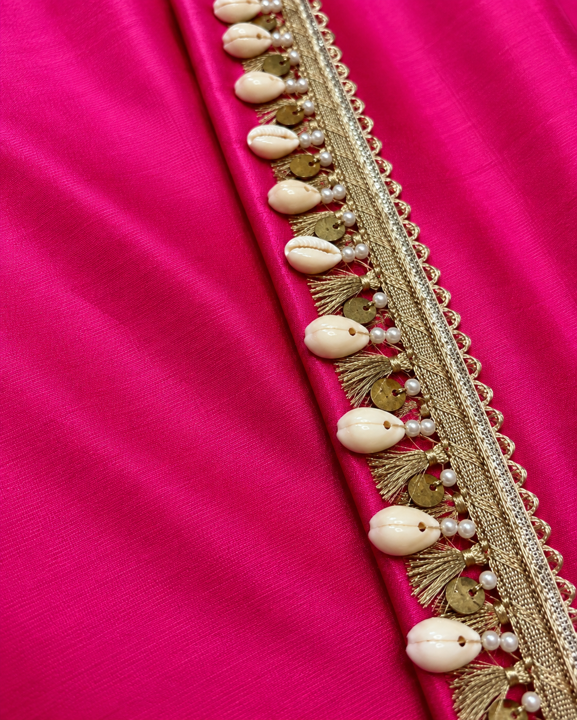 Bright Fuchsia Saree with Gotta & Cowrie Shell Lace