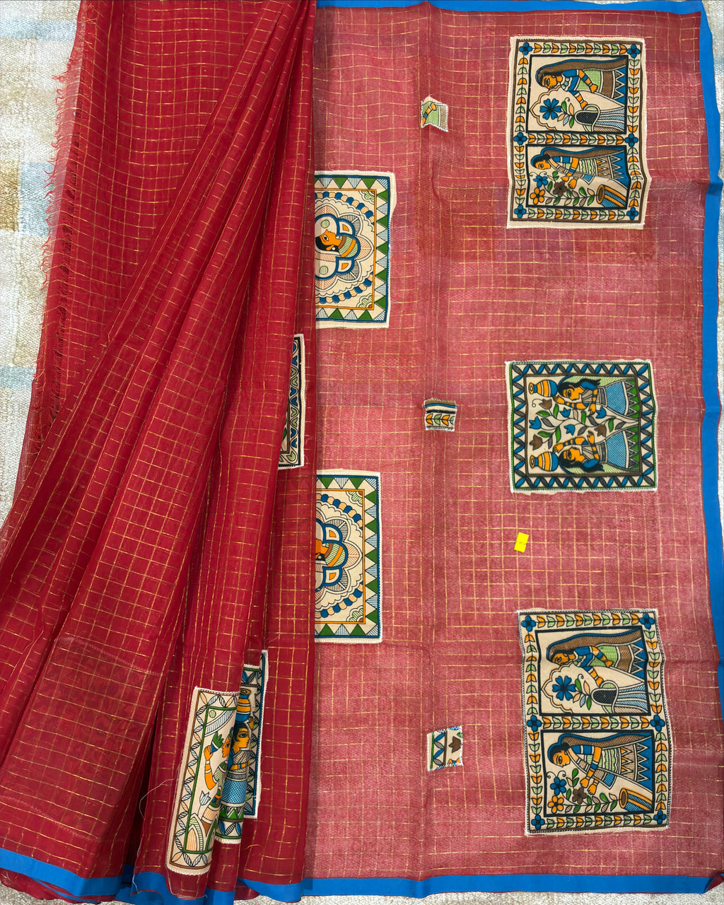 Red Handcrafted Madhubani Cut Saree