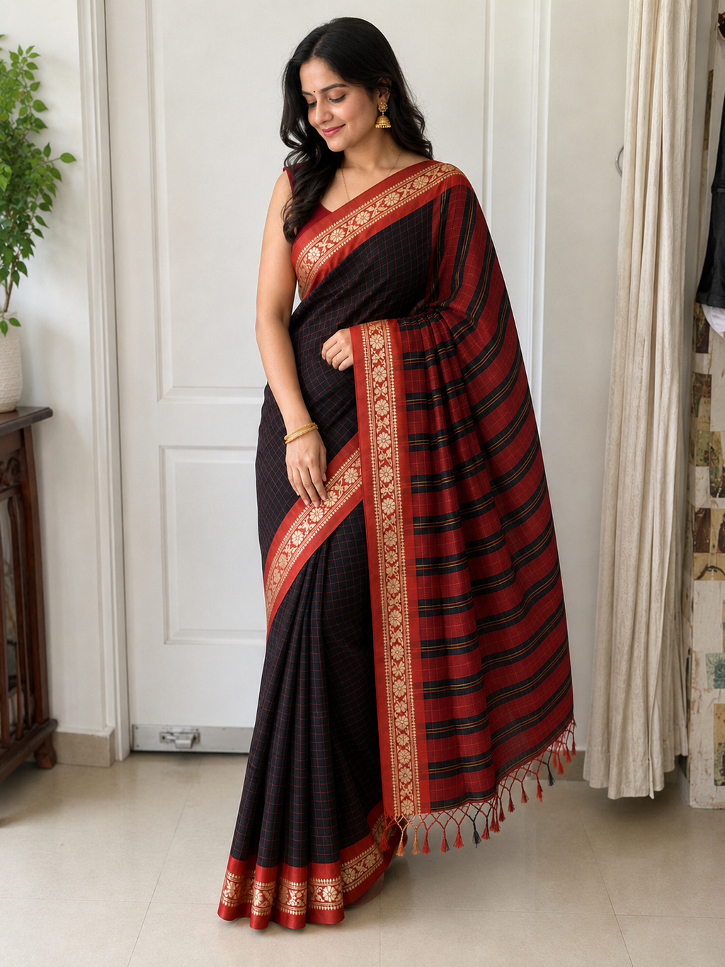 Black Gadwal Cotton Saree with Red Boarder