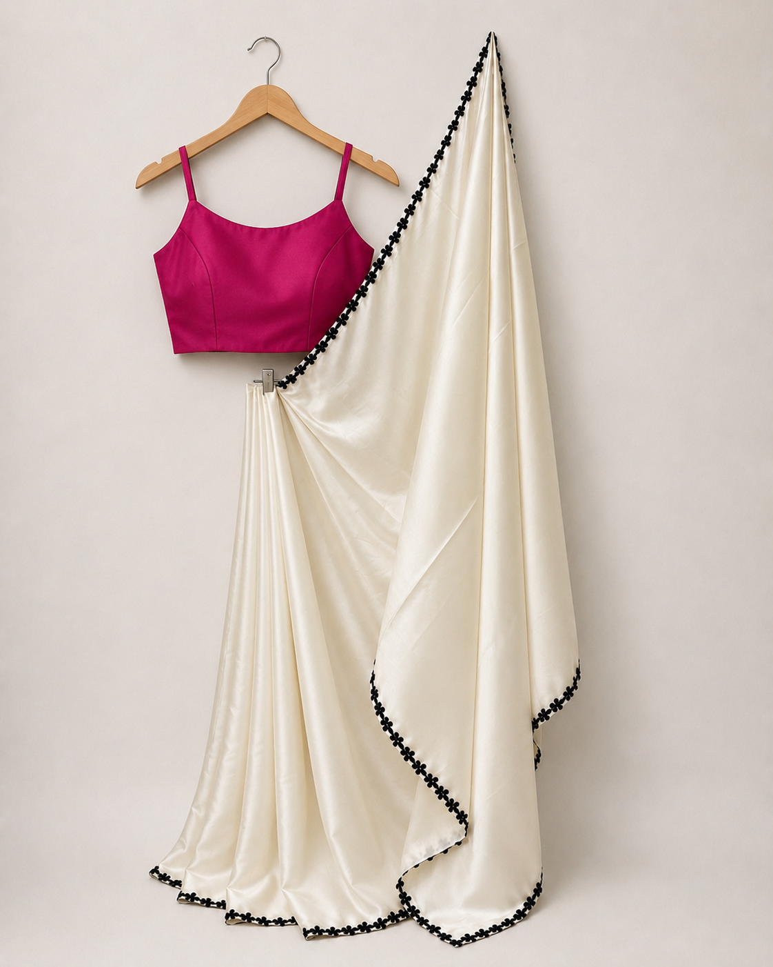 Ivory Satin Saree with Black Flower Lace