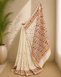 Ivory Chanderi Cotton Silk Saree, Lightweight with Brown Motifs