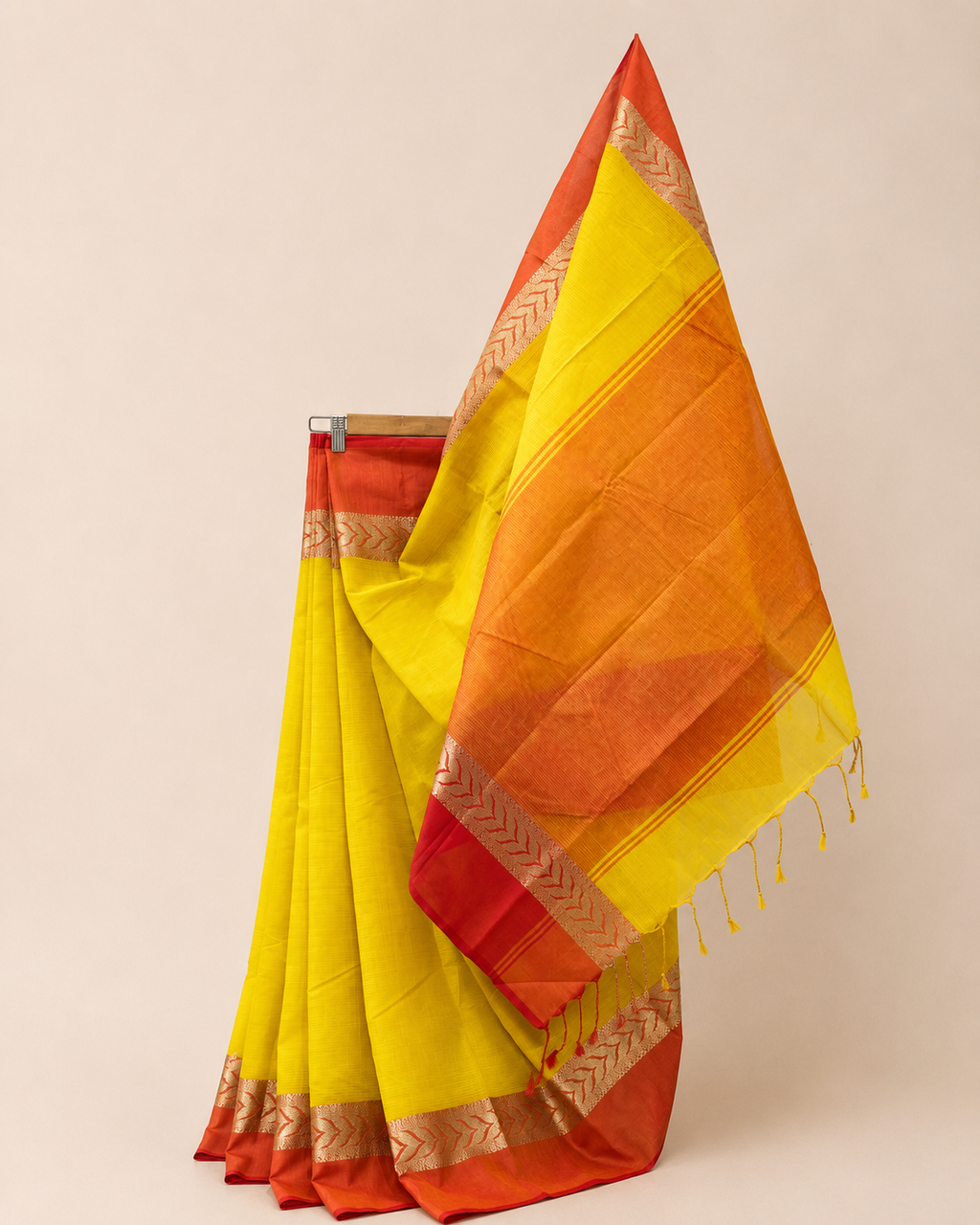 Yellow Handwoven Pure Cotton Saree with Orange Border