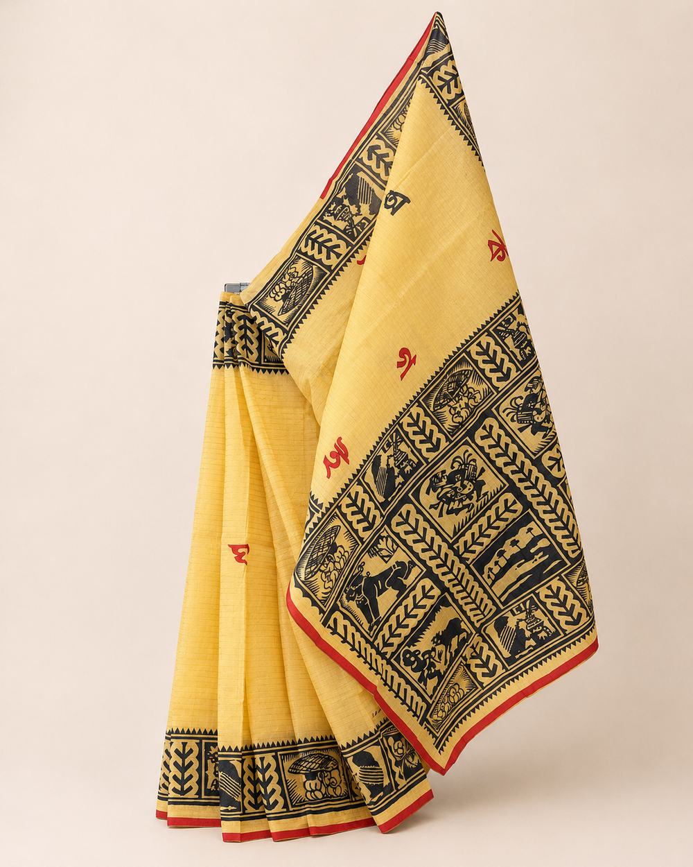 Beige Yellow Madhubani Bengali Saree