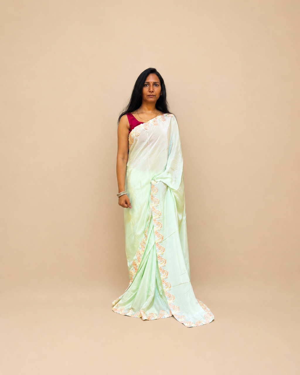 Pastel Green Crepe Saree with Floral Lace Border