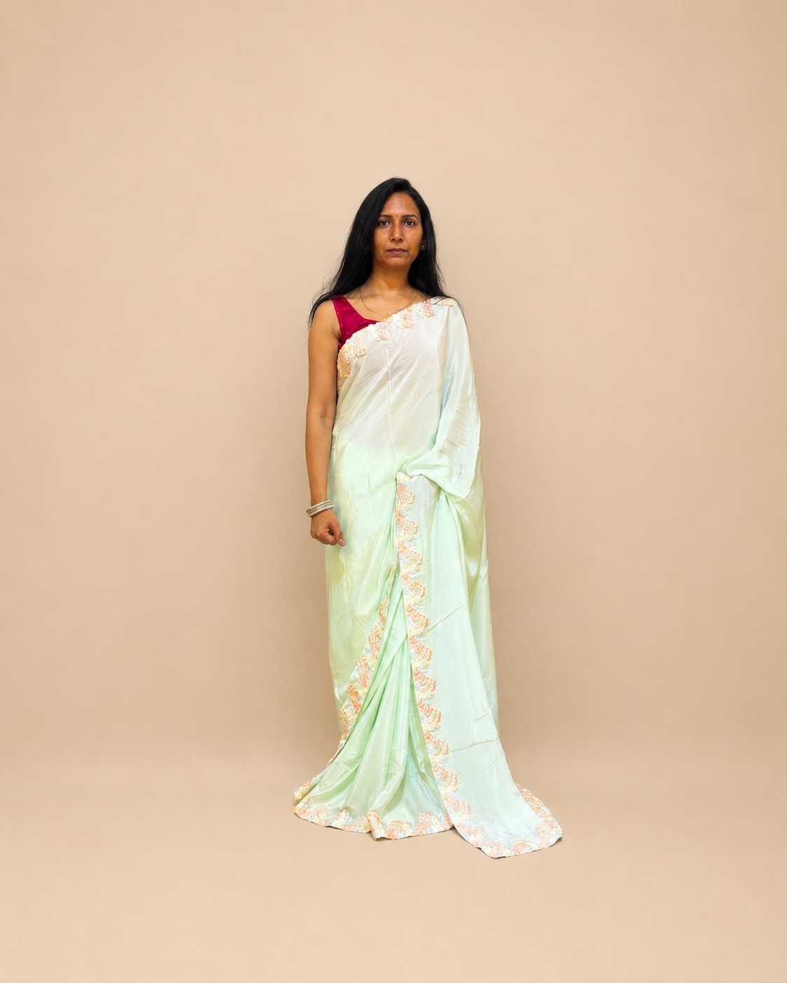 Pastel Green Crepe Saree with Floral Lace Border