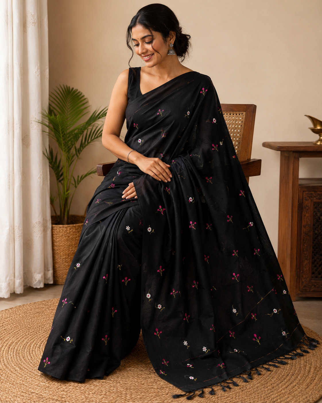 Black Khadi Saree with Floral Embroidery