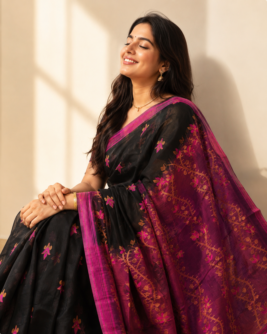 Black Resham Cotton Jamdani Saree with Magenta Accents