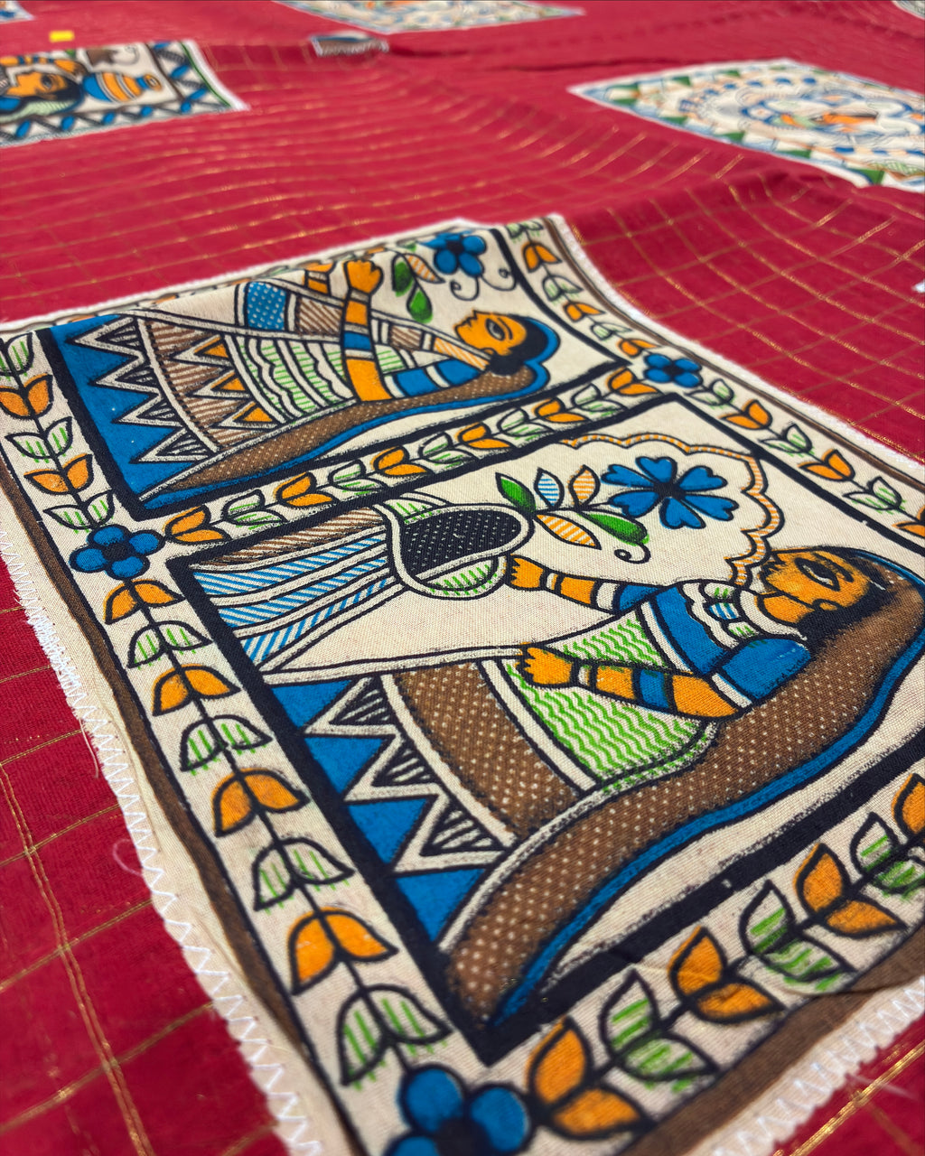 Red Handcrafted Madhubani Cut Saree