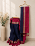 Navy Blue Dhanchora Cotton Saree with Magenta Boarder