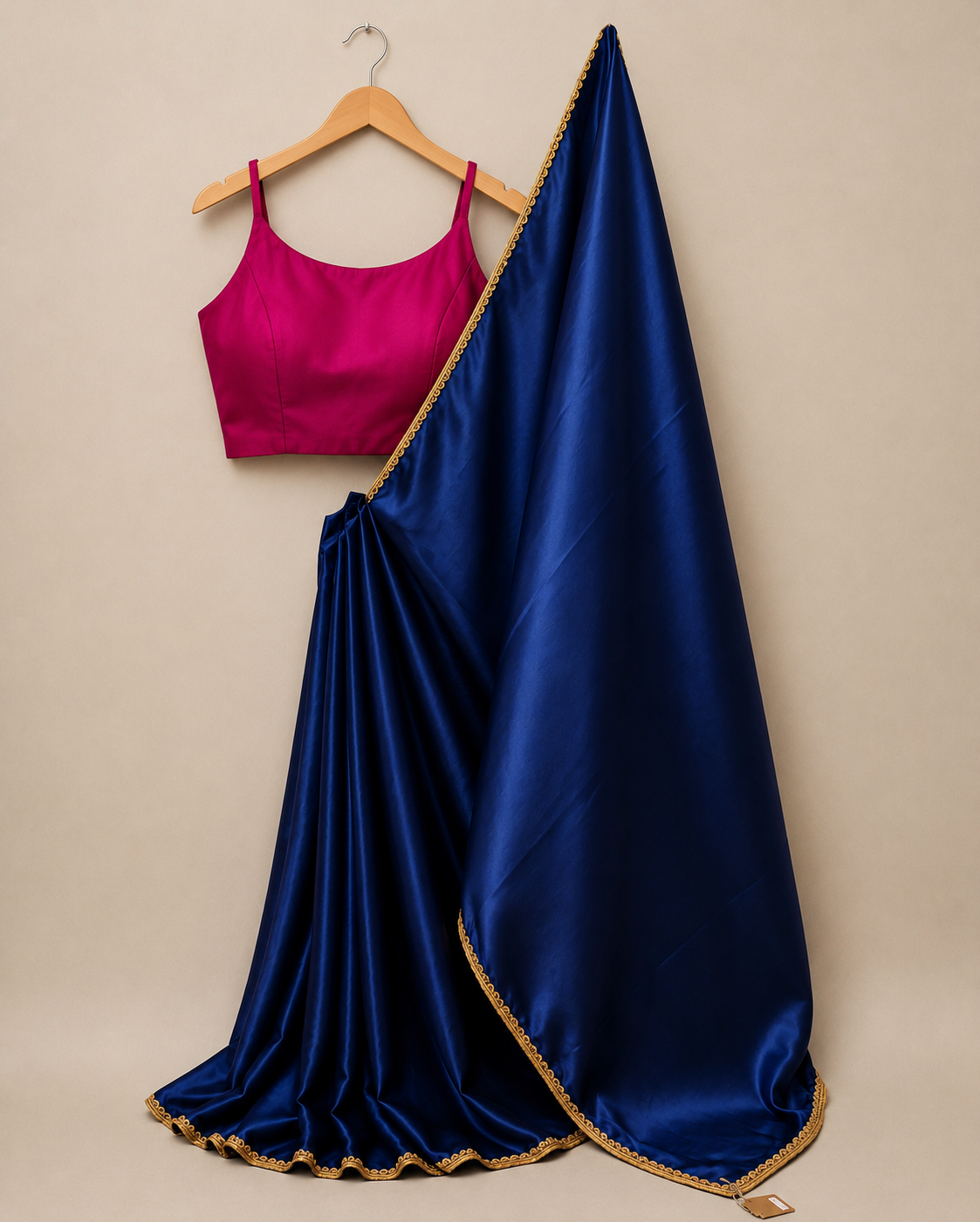 Dark Blue Satin Saree with Golden Lace