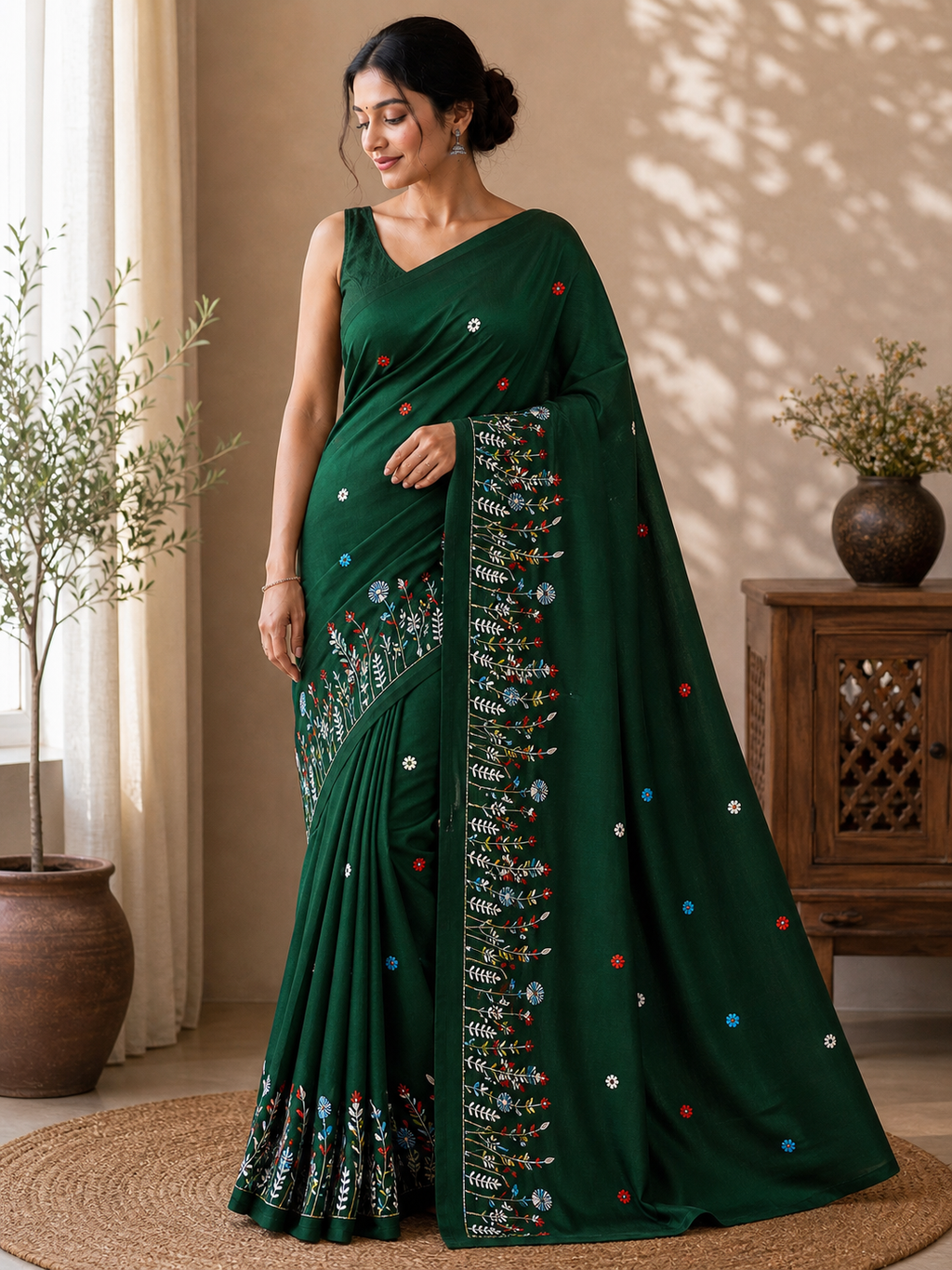 Bottle Green Khadi Saree with Floral Embroidery