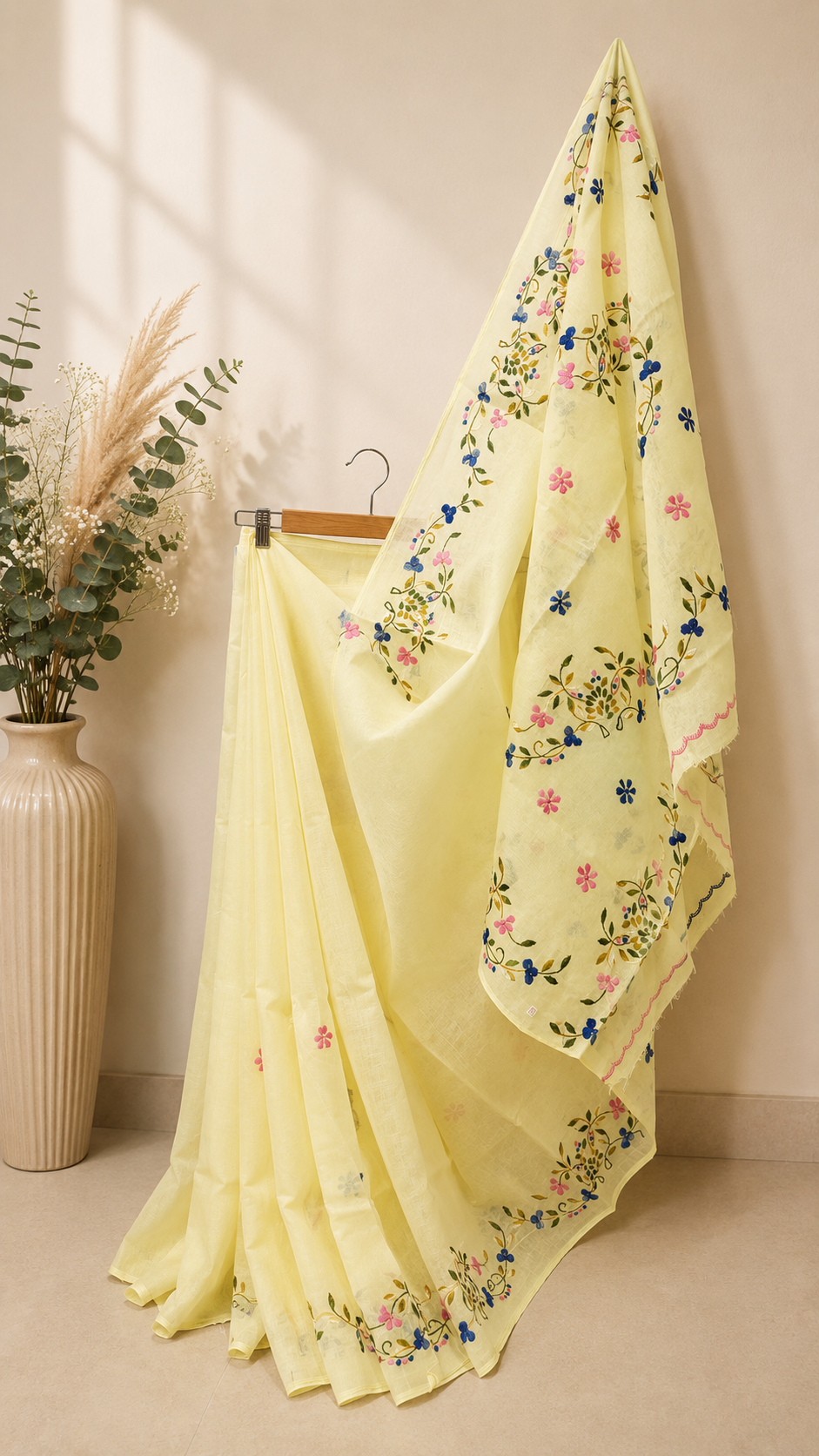 Light Yellow Organdi Stitch Cotton Saree