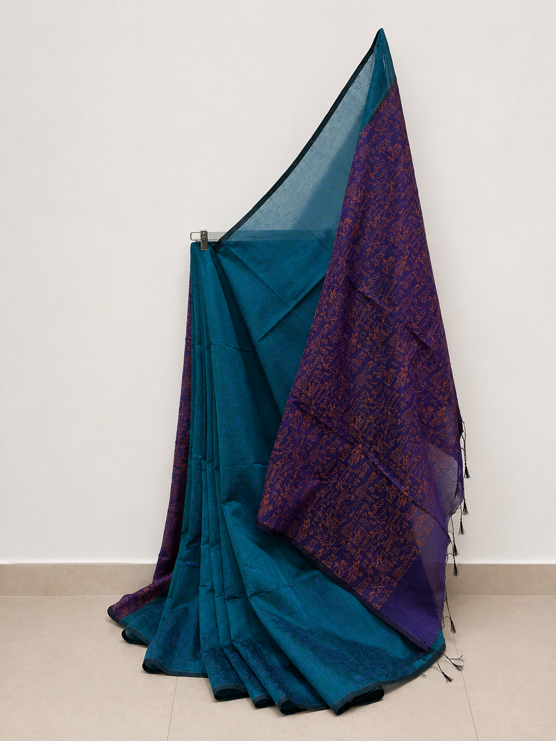 Royal Blue Glyph Block Print Cotton Saree with Teal Contrast