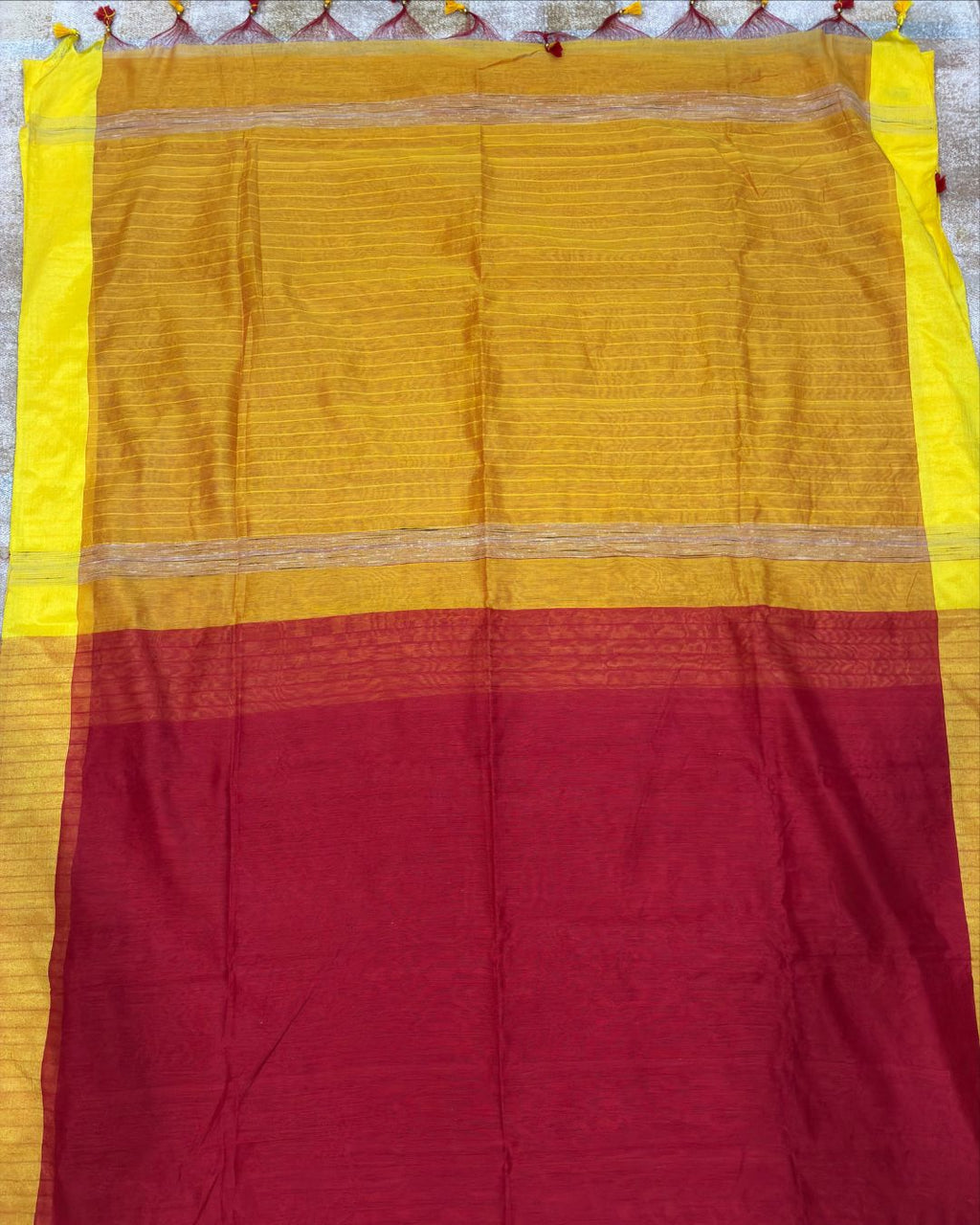 Red Dola Saree with Yellow Pallu & Tassels