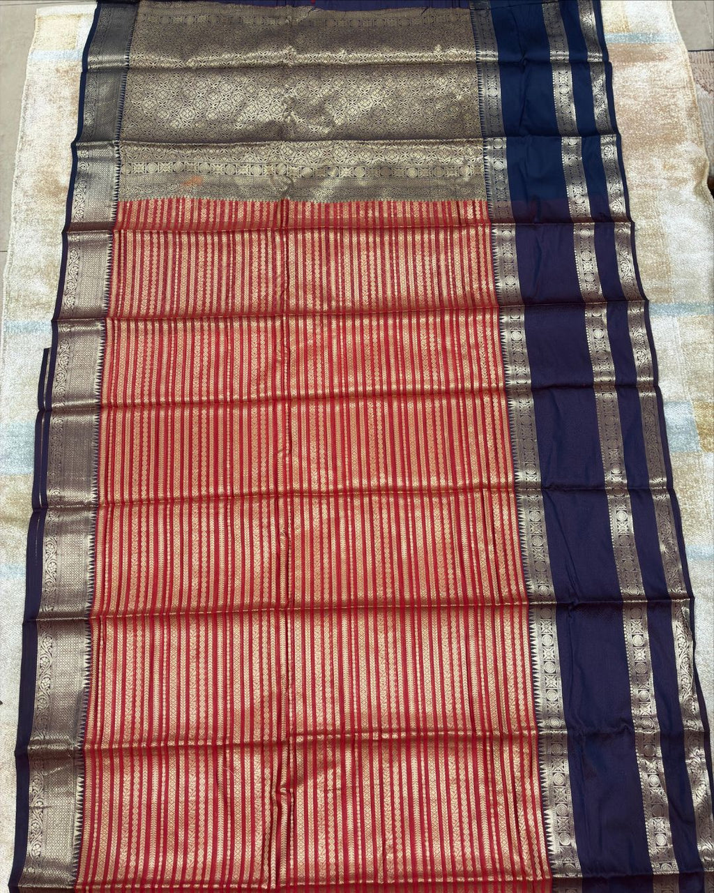 Red & Royal Blue Pattu Silk Saree with Gold Zari Pallu