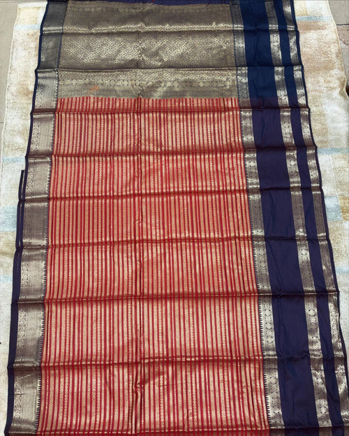 Red & Royal Blue Pattu Silk Saree with Gold Zari Pallu