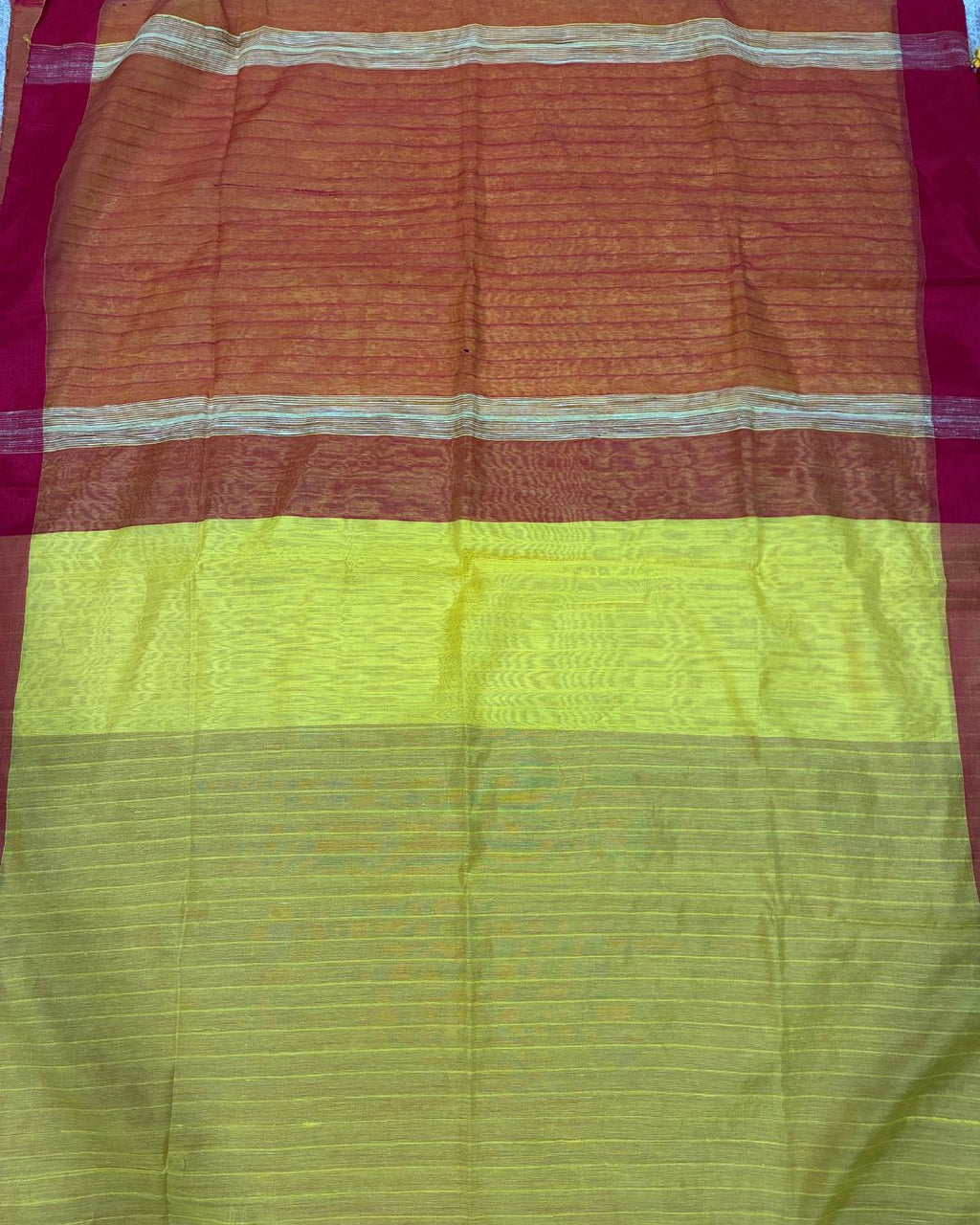 Golden Yellow Dola Saree with Red Pallu & Tassels