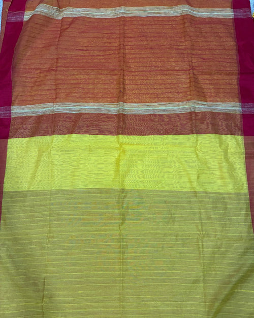 Golden Yellow Dola Saree with Red Pallu & Tassels