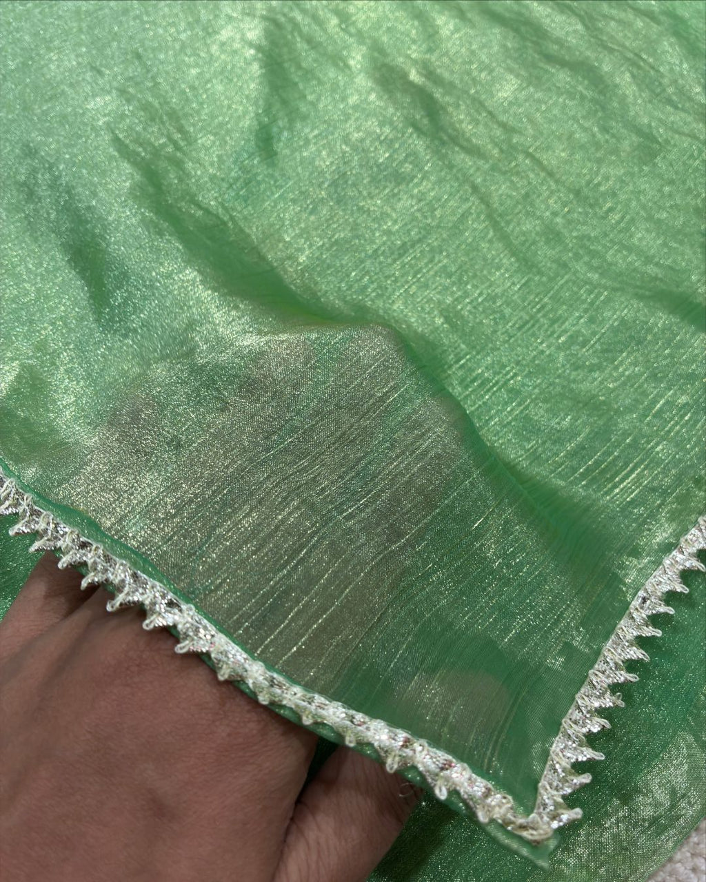 Mint Green Jimmy Choo Saree with Silver Lace Border