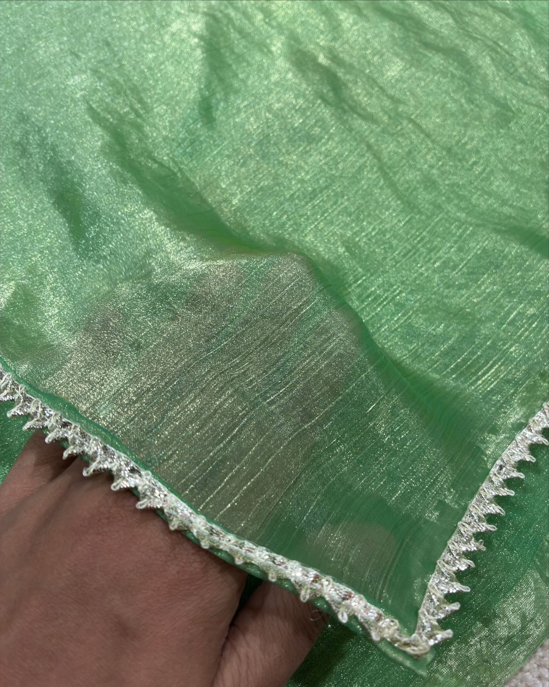 Mint Green Jimmy Choo Saree with Silver Lace Border