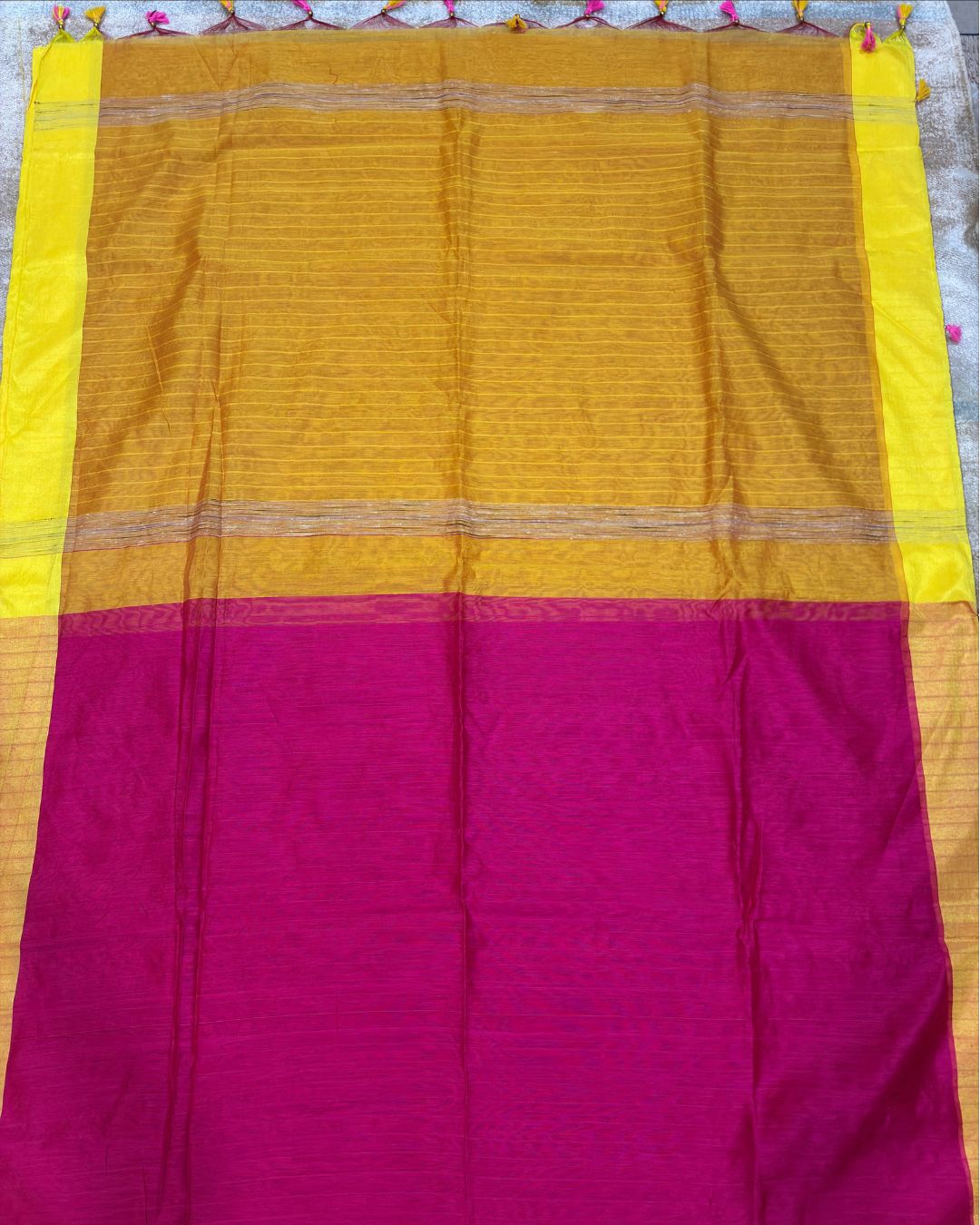 Rani Pink Dola Saree with Yellow Border