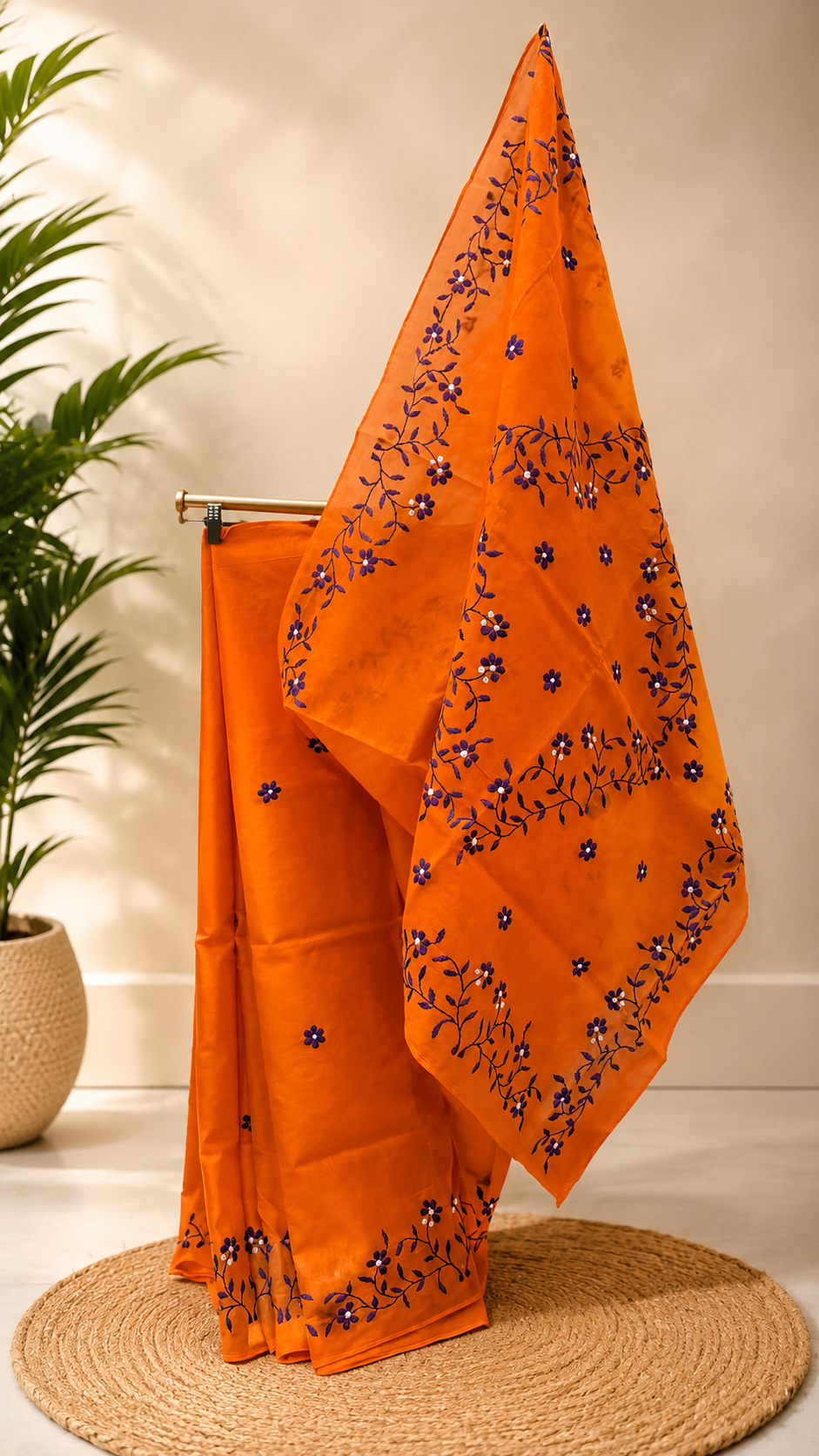 Orange Organdi Stitch Cotton Saree