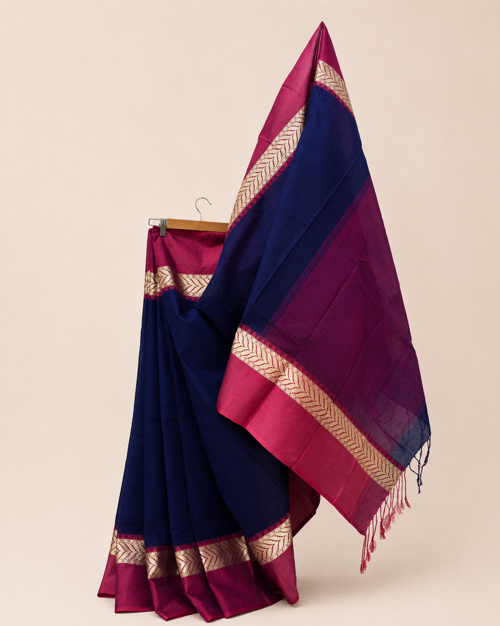 Navy Blue Dhanchora Cotton Saree with Magenta Border