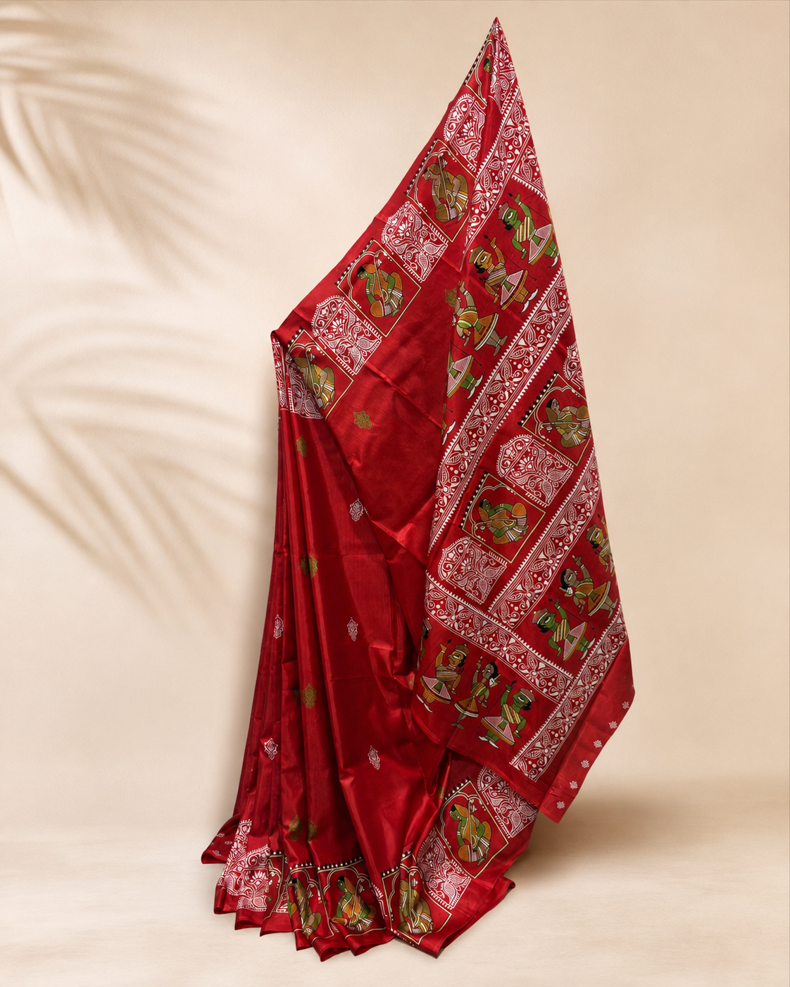 Vermillion Red Tussar Silk Saree with Folk Art Motifs