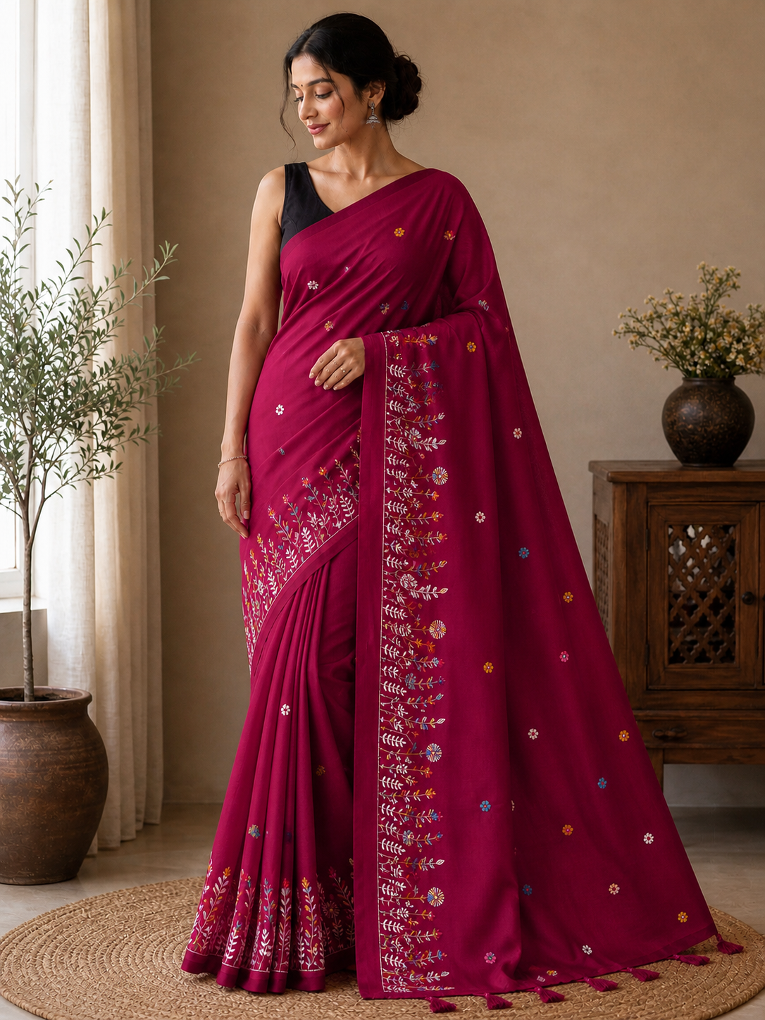 Rani Khadi Saree with Floral Embroidery