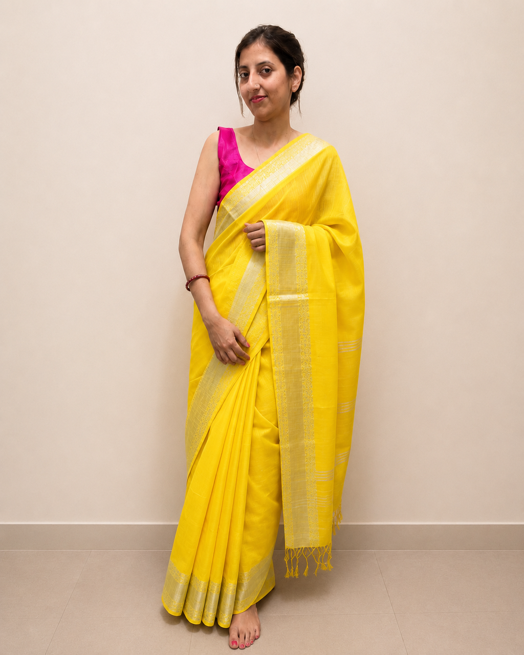 Yellow Viscose Tissue Saree