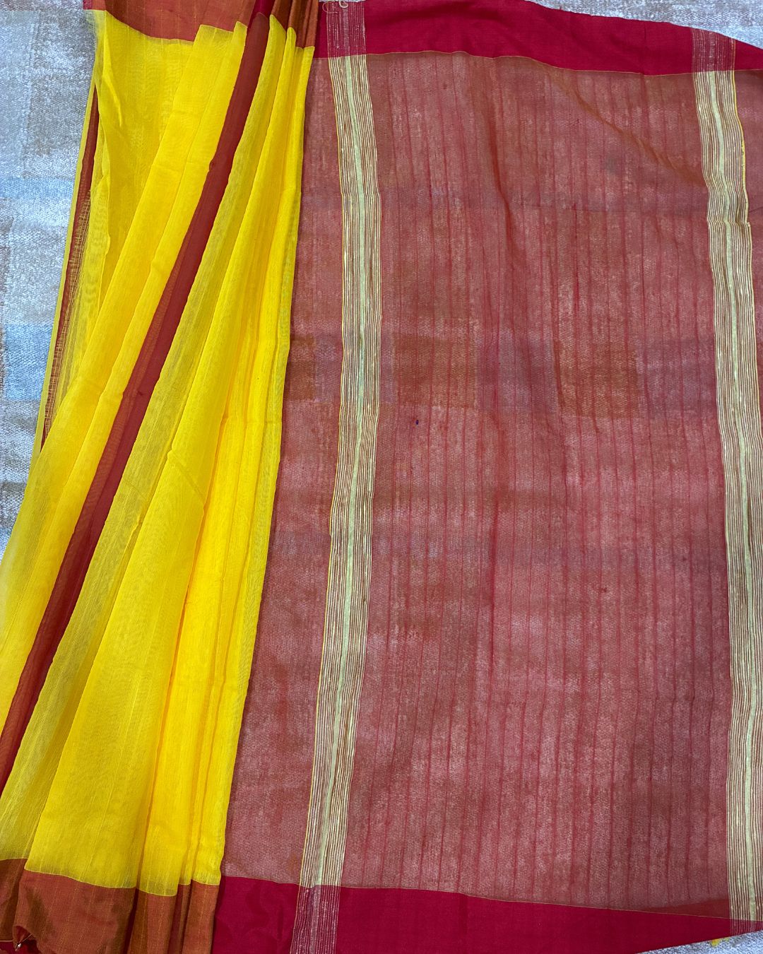 Golden Yellow Dola Saree with Red Pallu & Tassels