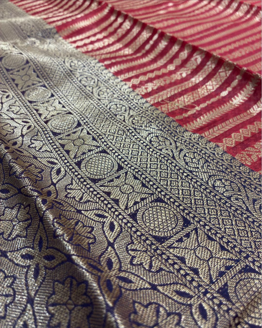 Red & Royal Blue Pattu Silk Saree with Gold Zari Pallu