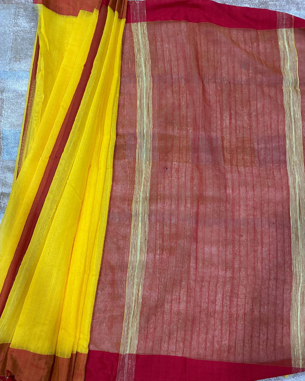 Red Dola Saree with Yellow Pallu & Tassels