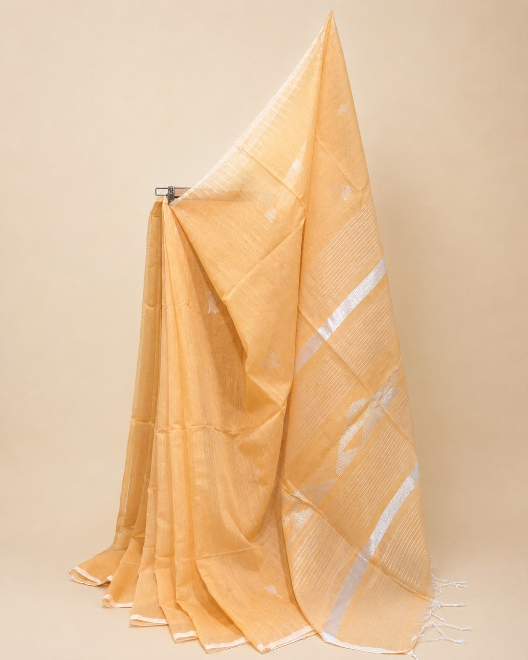 Linen Cotton Temple Work Saree — Peach Beige