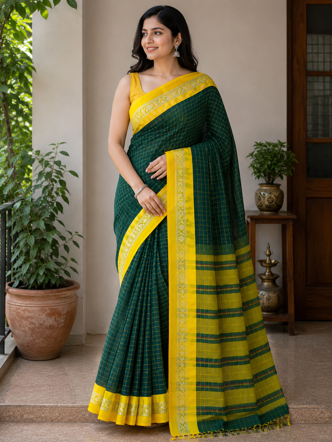 Dark Green Gadwal Cotton Saree with Yellow Boarded