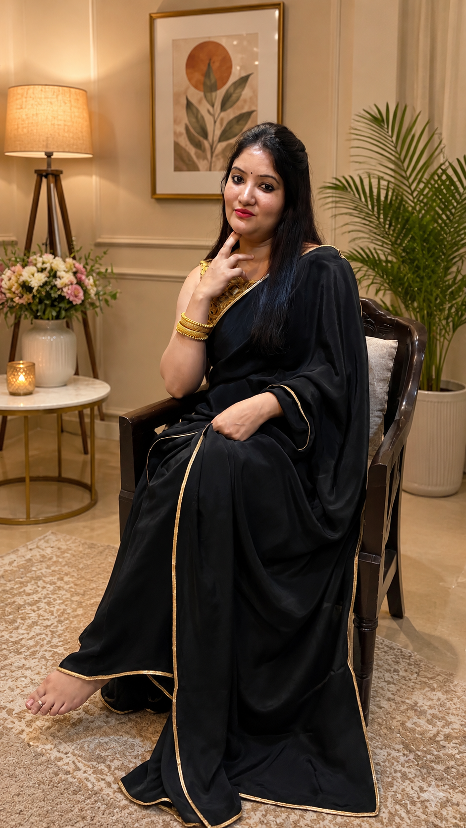 Classic Black Crepe Saree with Gold Border