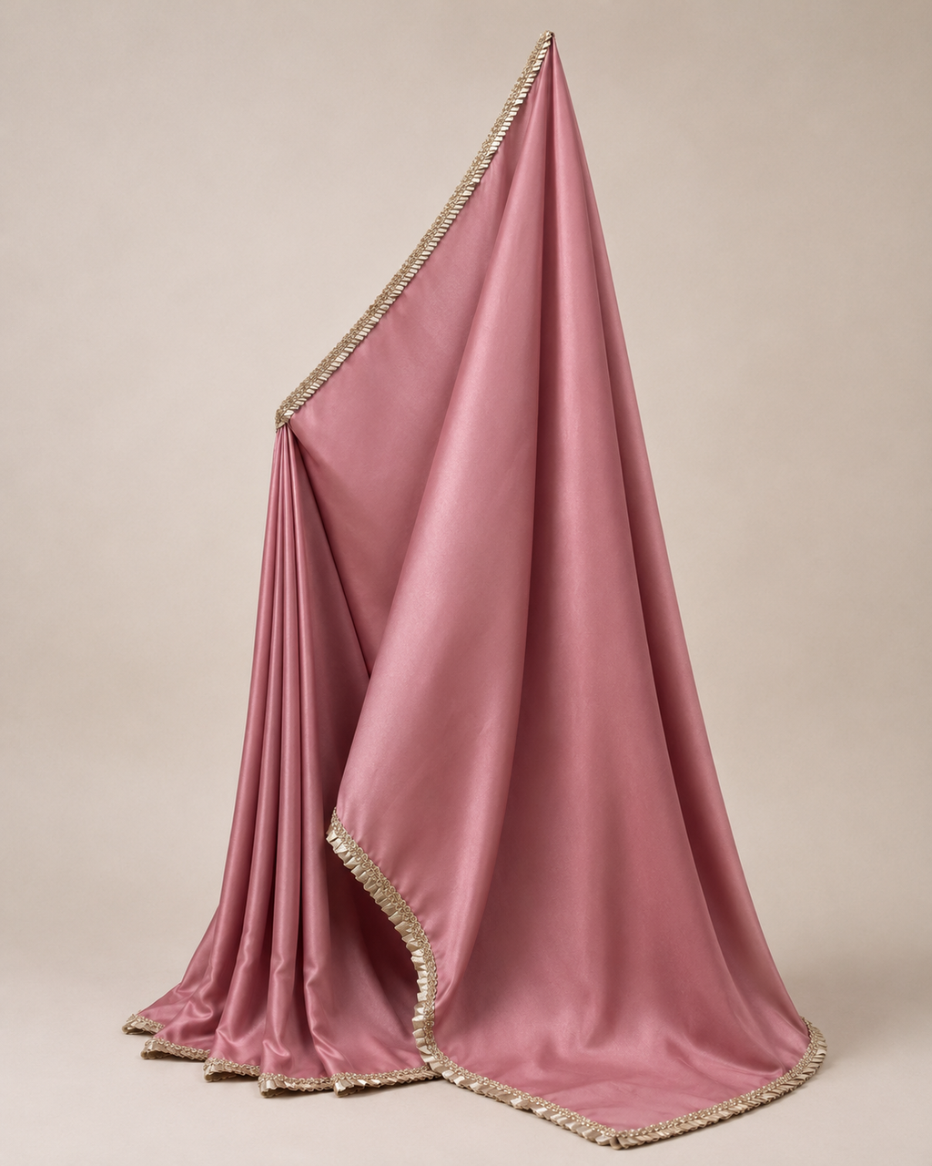 Dusty Rose Satin Saree with Pleated Rose Gold Lace