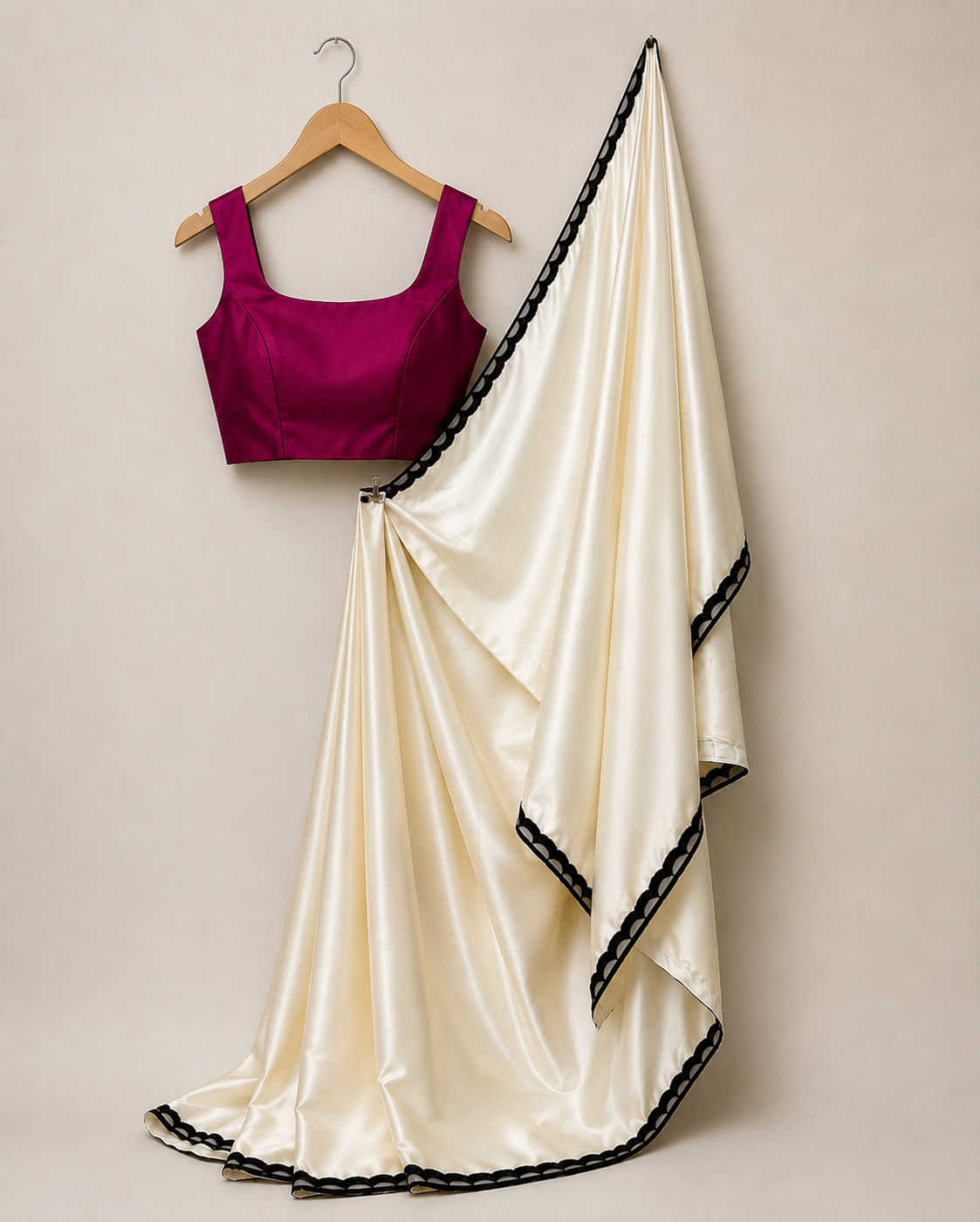 Off White Satin Saree with Black Pearl Lace