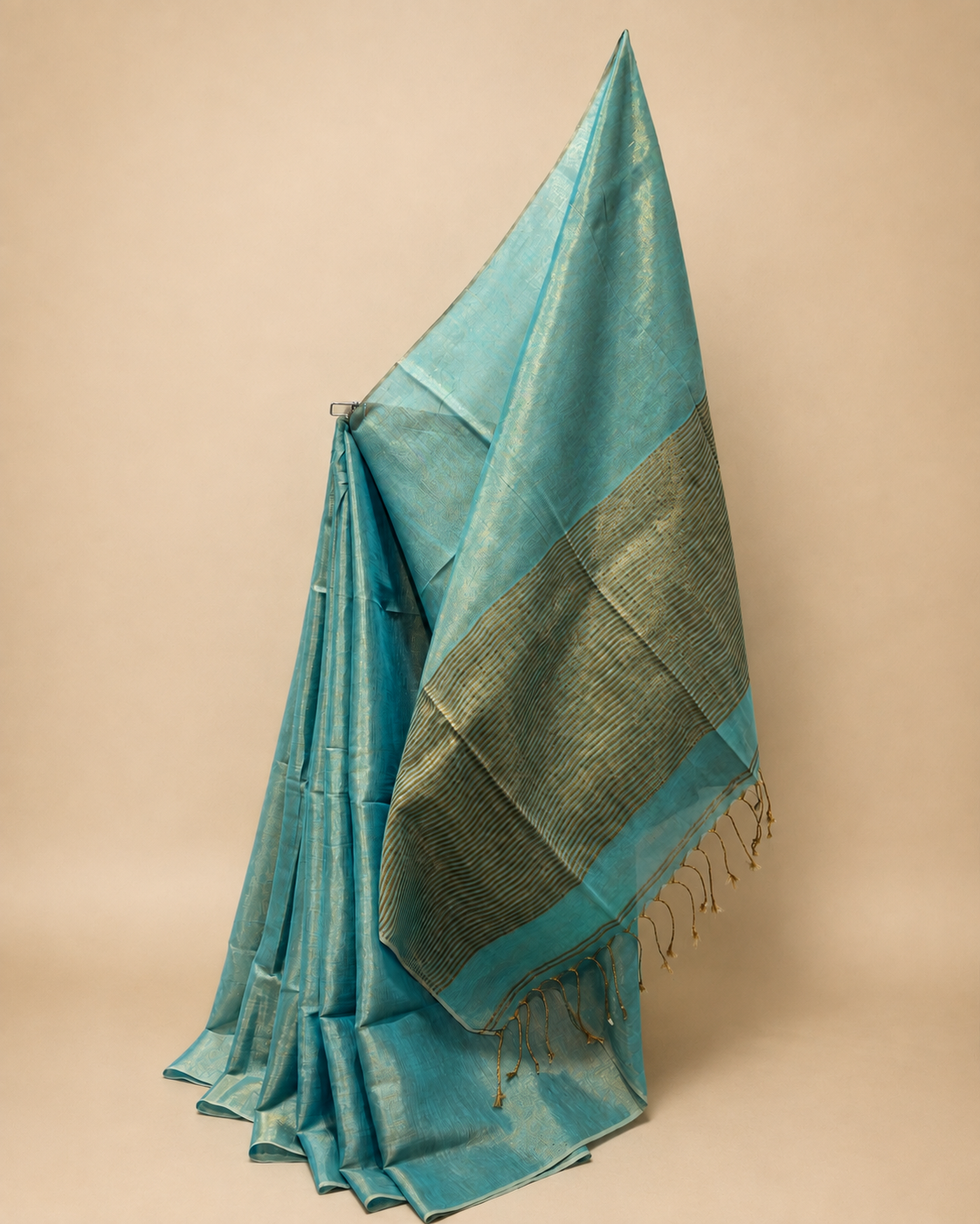 Powder Blue Linen Tissue Saree with Gold Pallu