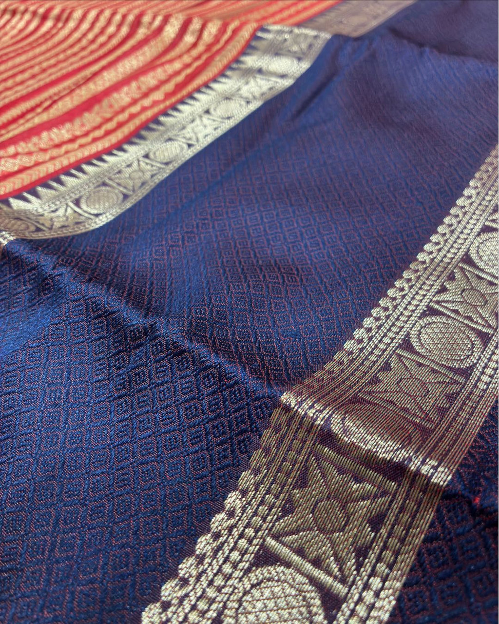 Red & Royal Blue Pattu Silk Saree with Gold Zari Pallu