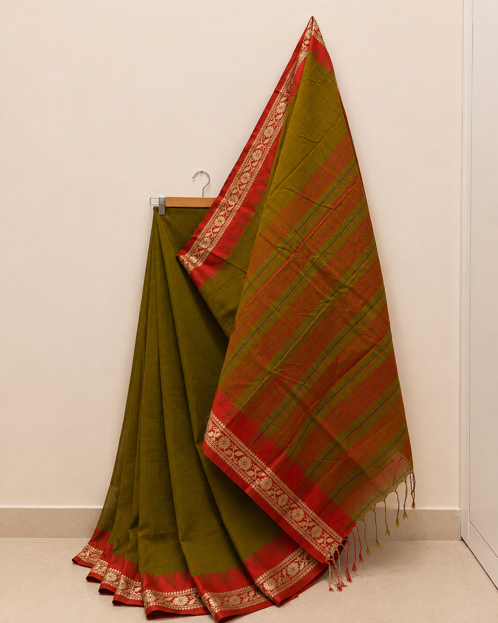 Olive Green Gadwal Cotton Saree with Orange Border