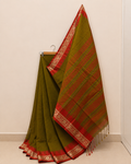 Olive Green Gadwal Cotton Saree with Orange Border