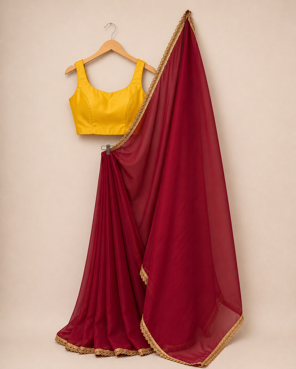 Maroon Georgette Saree with Golden Border